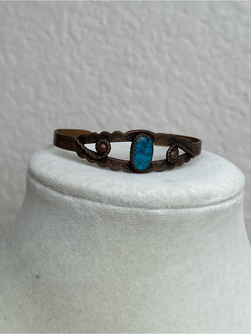 Vtg Navajo Style Child Turquoise Copper Cuff Bracelet Fred Harvey Bell Trading